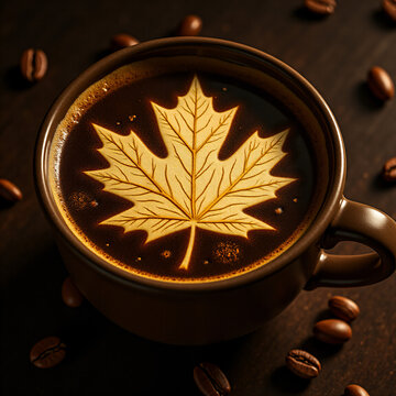 Deliciosa tasa de caf&eacute; con hoja de maple marcada en la espuma.