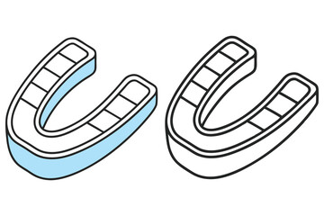 Two mouthguards showcase protection equipment, one displaying blue accents and the other a simple outline