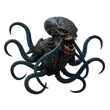 Tentacled alien creature with sharp teeth and multiple limbs