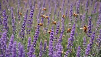 Busy bees flitting amidst vibrant purple lavender, crafting beeswax flowers , art, pollination