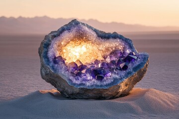 Glowing amethyst geode rests in desert sand at sunset, showcasing its vibrant purple crystals.