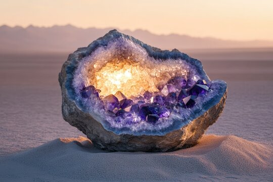 Glowing amethyst geode rests in desert sand at sunset, showcasing its vibrant purple crystals.