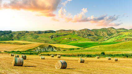 beautiful summer golden field among green hills and mountains with yellow hay stacks and scenic landscape on background. Agricultural landscape of rustic farmland. © Yaroslav