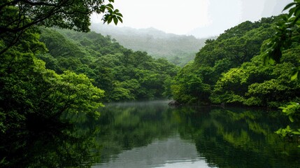 Lush green valley reflecting in calm water
