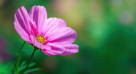 Fototapeta premium Beautiful pink cosmos flower with a green background. A single wild flower on the edge of focus, with space for text