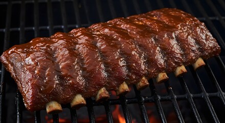 A rack of ribs covered in barbecue sauce grilling over an open fire on a grill grate