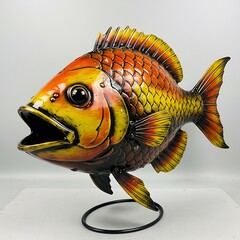 Metal fish sculpture with open mouth, yellow and orange, isolated on white background