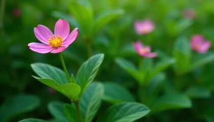Fototapeta premium Solitary pink flower blooming amidst green foliage , quiet, pink