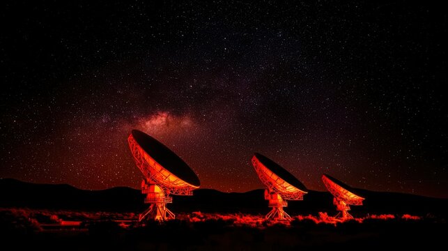Radio telescopes under a vibrant night sky
