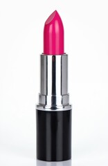 Pink lipstick isolated on white background. Cosmetic product close-up shot. Shiny glamour make-up accessory. Lip beauty element. Open purple, colorful stick. Pro beauty product.