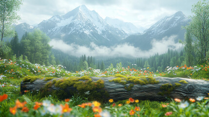 3D render of an animated scene depicting the lush greenery and misty hills, with moss-covered rocks and wildflowers in full bloom