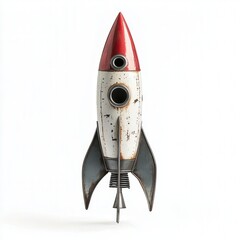 Vintage toy rocket ship isolated on white background ready for interstellar exploration