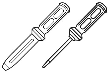 Two stylized screwdrivers exhibit bold, black outlines on a plain, solid white background