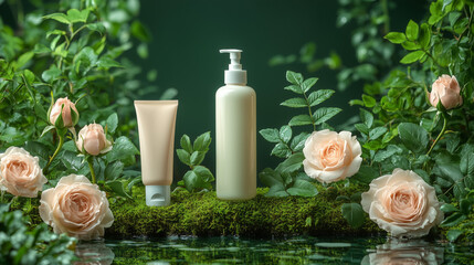 A bottle of white shampoo, an elongated cream tube, and two bottles of hand wash stand on the moss in front of a green background, surrounded by 3-5 roses