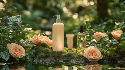 A bottle of white shampoo, an elongated cream tube, and two bottles of hand wash stand on the moss in front of a green background, surrounded by 3-5 roses