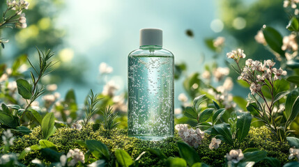 Product photography, a shampoo bottle on a grassy hill surrounded by natural ingredients in an elegant and harmonious arrangement. 