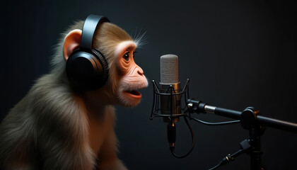 Portrait of a cute monkey with headphones and microphone on a dark background