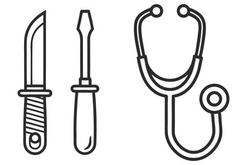 Outline illustration showcases a knife, a screwdriver, and a stethoscope arranged together on a white background