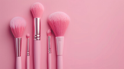 makeup brushes with color powder and pink lipstick on pink background, flat lay