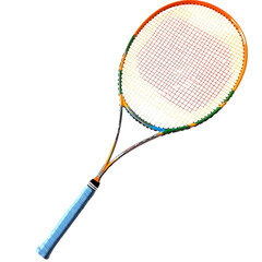 Vibrant tennis racket with colorful frame strings isolated on transparent background
