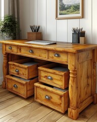 Wooden desk with drawers, open.  Features a rustic, natural wood finish, ample storage, and classic design