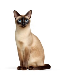 Elegant tonkinese cat displays its stunning mink-patterned coat while calmly posing, showcasing striking blue eyes in a serene indoor environment