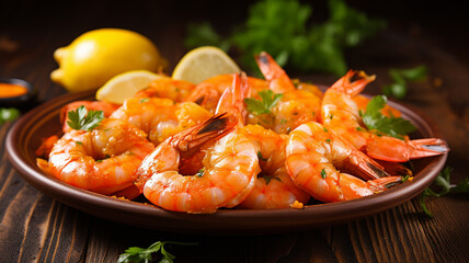 shrimps with lemon on plate on wooden