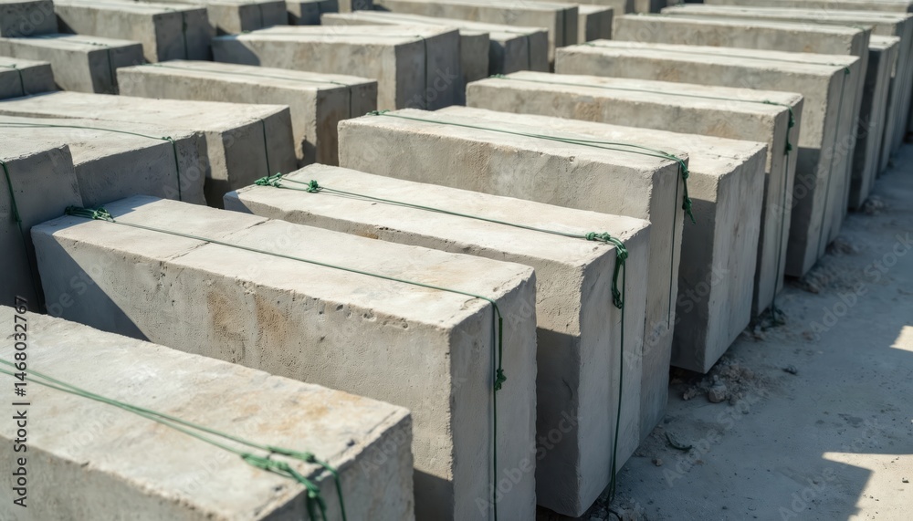 Poster Precast concrete blocks stored at construction site. Elements bound with ropes. Grey rectangular forms stacked in rows ready for building. Cement materials. Industrial engineering design. Stone