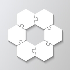 Hexagon info graphic with 6 steps in circle diagram. Puzzle business presentation pieces infographic. Jigsaw hexagonal grid. Business presentation for infographics. Vector illustration