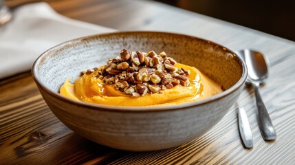 Fototapeta premium Rustic ceramic bowl with creamy sweet potato mash topped with toasted pecans and walnuts, golden butter swirls, styled on wooden table with linen napkin and vintage spoon in cozy natural light