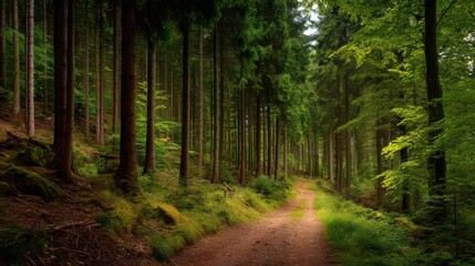 Fototapeta premium a forest path leading through tall trees