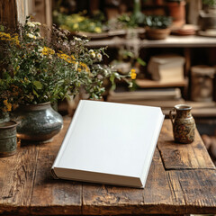 A blank book rests peacefully on a rustic wooden table, surrounded by vintage decor.