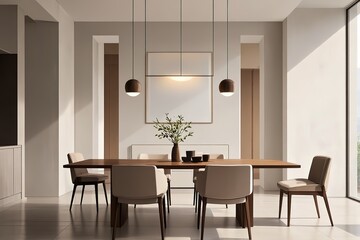 Fototapeta premium A modern minimalist dining room with wooden table and chairs, pendant lights, green plants, a simple background wall, and large windows, perfect for interior design, home decor, or dining - themed pro