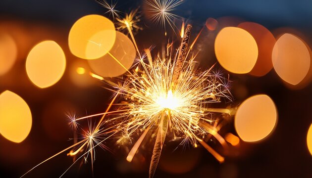closeup of sparklers burning on new year s eve with bokeh lights in the background