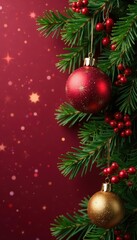 Elegant gold & red Christmas ornaments, garland, pine cones, berries on rich background , festive, backdrop, ribbon