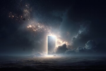 Fototapeta premium A door in the middle of a dark sky with clouds and stars
