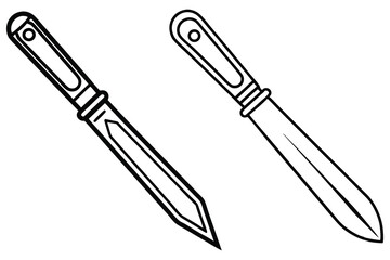 Two contoured black and white knives are shown, one with a triangular end