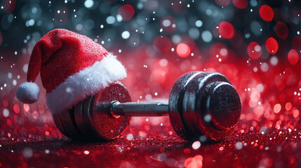 Dumbbell with a Santa Claus hat on a sparkling red glitter background for holiday fitness inspiration. banner, background for text, flyer for sports gym club, yoga studio, for Christmas and New Year 