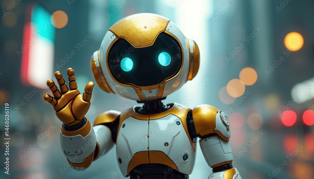 Poster cute friendly robot with gold and white body waves hand. metallic robot stands with glowing blue eye
