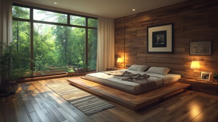 Fototapeta premium Cozy, modern bedroom with forest view