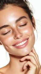 Obraz premium Smiling woman with freckles and luminous skin, eyes closed, gently resting hand on chin, revealing bright smile and flawless complexion