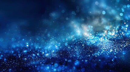 Obraz premium Glowing blue particles swirling in dynamic wave pattern, generating magical luminescent backdrop with soft bokeh lighting, representing ethereal digital fantasy landscape