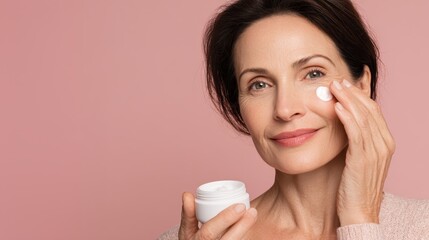 Mature woman gently patting anti aging moisturizer on smooth facial skin, showcasing skincare routine against soft pink backdrop