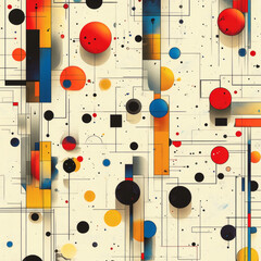 A vibrant abstract geometric design of interconnected lines, circles, and color blocks.