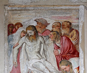 Naklejka premium compianto sul Cristo morto; affresco del Romanino nella chiesa di Santa Maria della Neve a Pisogne (Brescia)