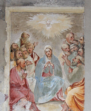 Pentecoste: lo Spirito Santo discende su Maria e sugli Apostoli; affresco del Romanino nella  chiesa di Santa Maria della Neve a Pisogne (Brescia)
