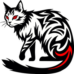 Red-eyed Black and White Cat in Cool Line Style Vector Illustration