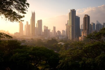 Dawn glow over urban skyline with trees radiance  
