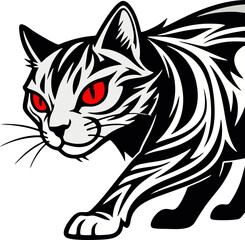 Red-eyed Black and White Cat in Cool Line Style Vector Illustration