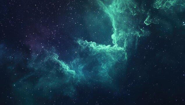 Deep space nebula with vibrant emerald hues.  Vast expanse of cosmos filled with swirling emerald nebulae, speckled with distant stars